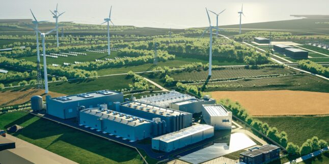 Der Elektrolyseur in Emden als Rendering vor Feldern und mit Windrädern