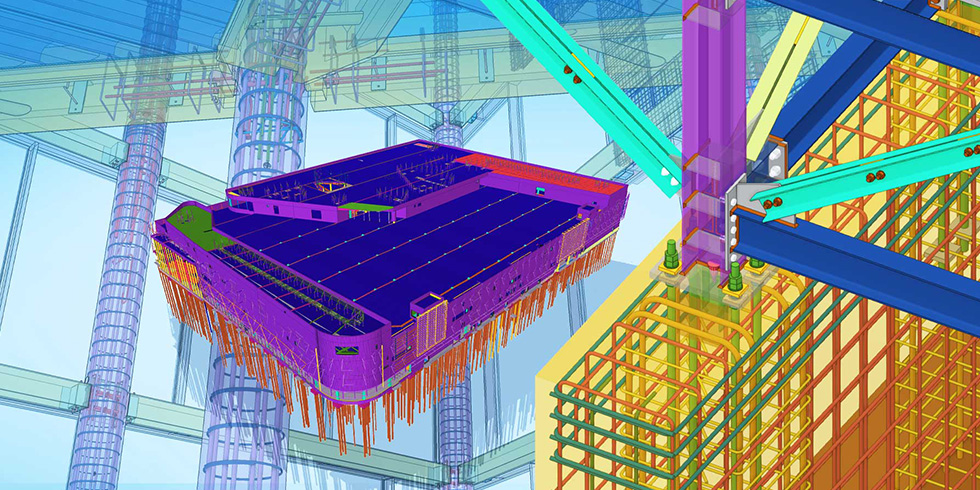 Mit Tekla Structures können Stahl- und Massivbau sowie weitere Materialien in einem einzigen Modell modelliert werden. Foto: Copyright © 2025 Trimble Inc.