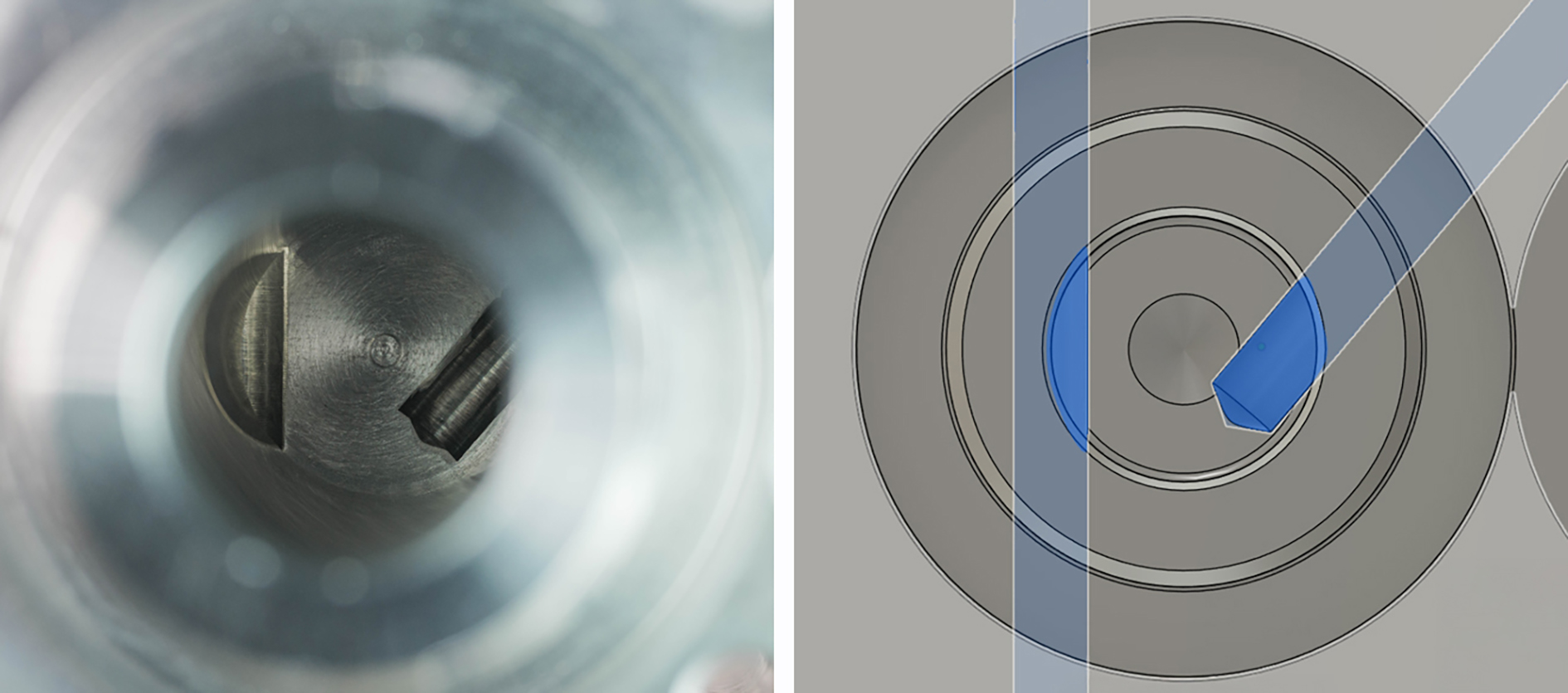 Linker Ausbruch auf der Bodenfläche: eine Tieflochbohrung schneidet halboffen diesen Bereich. Mit dem HSD-Entgratwerkzeug wird diese durch die Tieflochbohrung prozesssicher entgratet. Foto: Kempf