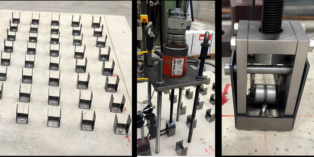Anordnung der PAFs auf dem Versuchskörper; Versuchsvorrichtung; Anschluss des Zugkolbens an das mit dem PAF befestigte U-förmige Stahlblech. Foto: Autor