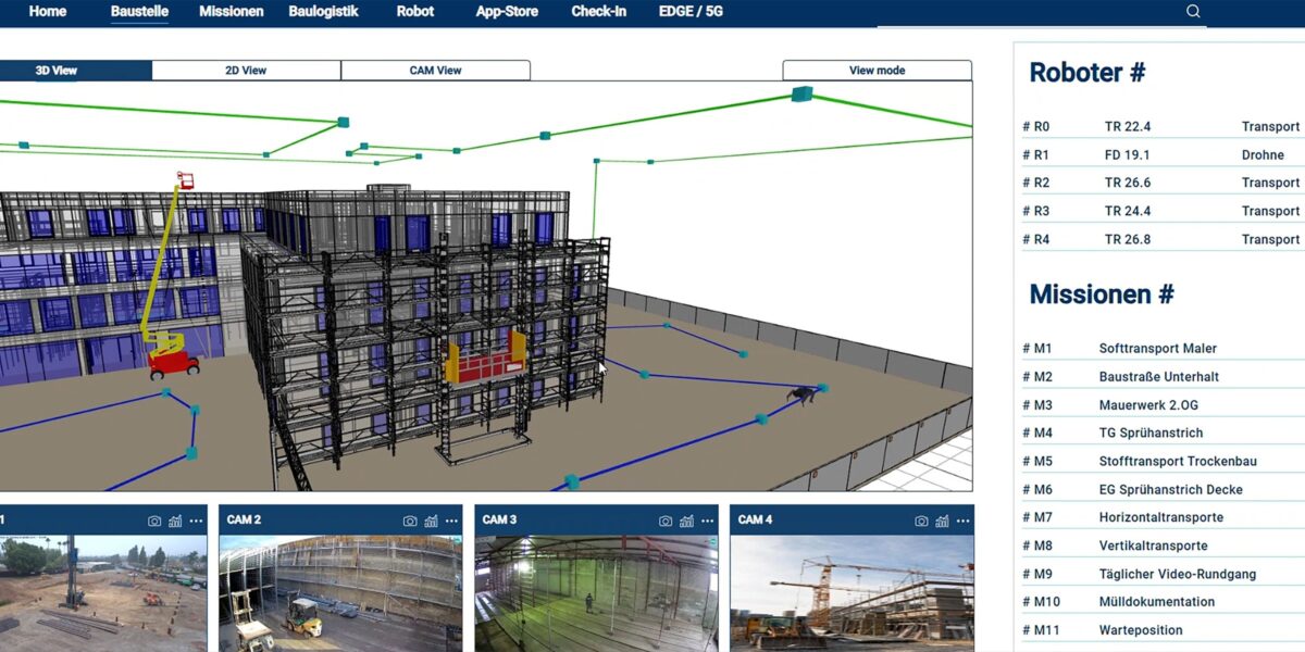 3D-Ansicht mit Digital Twin und Roboter-Wegenetzen (Beispiel RoboSWARM) zugewiesenen Missionen. Grafik: planen-bauen 4.0 GmbH