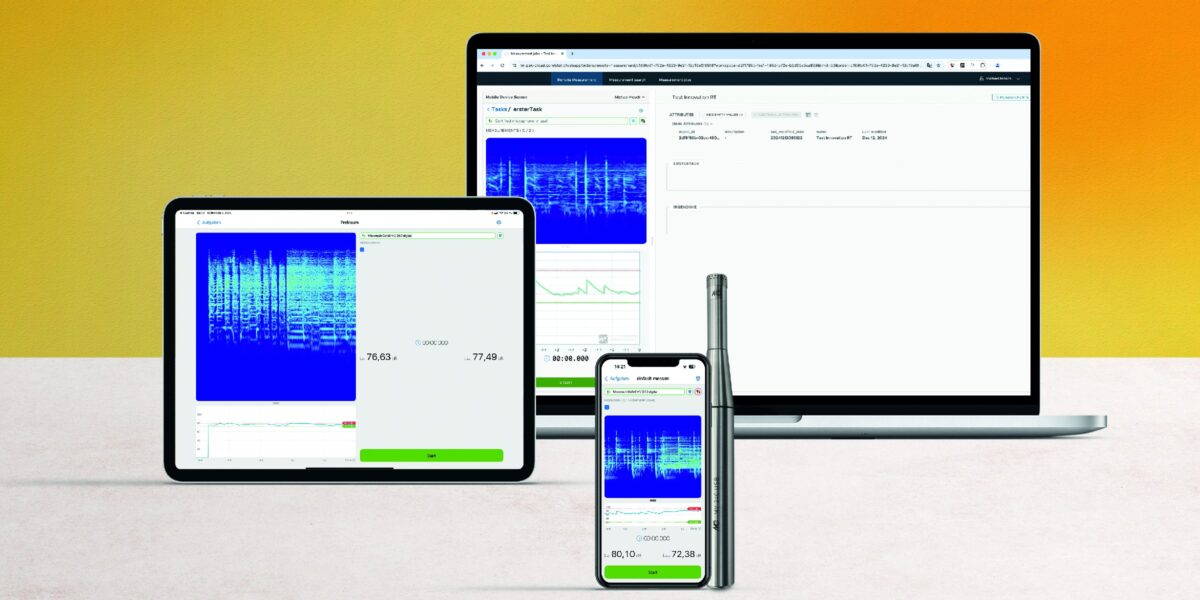 Plattformübergreifend: Das Messsystem acoust IQ auf unterschiedlichen Endgeräten. Foto: Gerätemockup: Harmonais Visual, Produktdesign: Müller-BBM