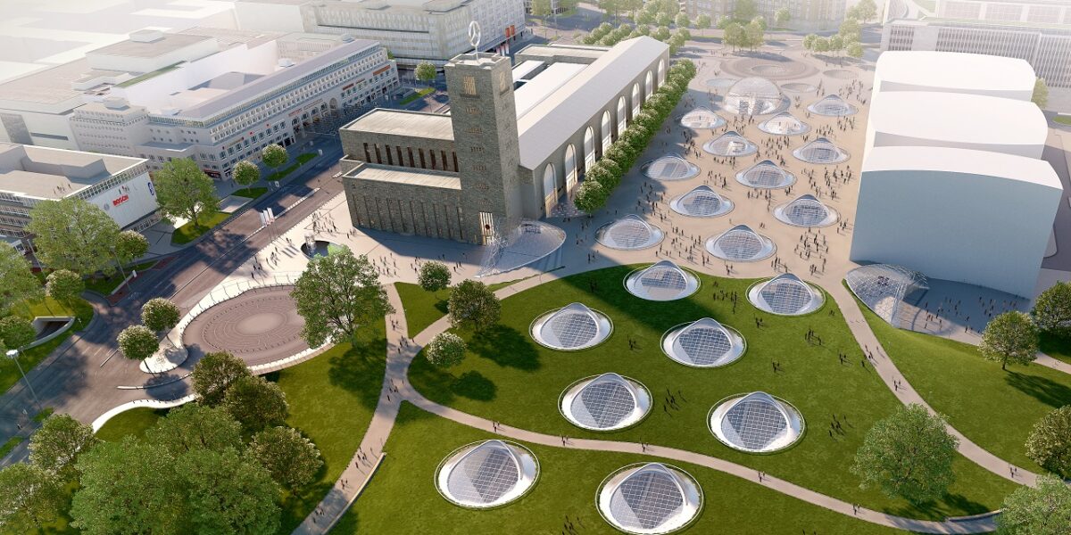 Visualisierung: Blick auf den Bonatzbau und den Straßburger Platz mit seinen charakteristischen Lichtaugen. Foto: plan b Agentur Stuttgart