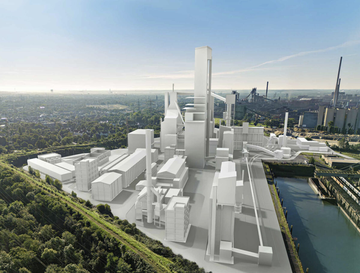 Rendering der im Bau befindlichen Direktreduktionsanlage in Duisburg. Damit will die energieintensive Industrie CO2-neutral werden.