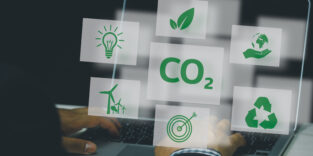 Organizations or companies develop carbon credit business virtual screen. Reduce CO2 emissions. Sustainable business development concept.