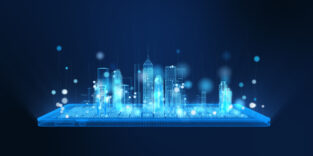 Eine digitall erstellte Stadtsilhouette al 3D-Hologramm.