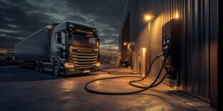 Lkw lädt seine Akkus an der Ladesäule wieder auf.