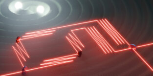 Skizze des interferometrischen Aufbaus für Licht unter dem Einfluss einer Gravitationswelle