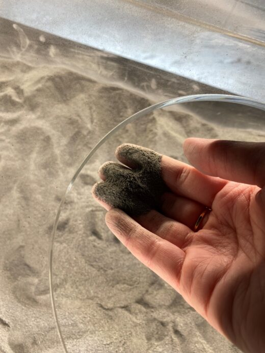 Das feinkörnige Regolith rinnt wie trockener Sand zwischen den Fingerspitzen. Foto: Alexandra Ilina