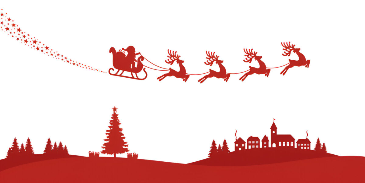 Weihachtsmann auf Schlitten fliegt durch die Nacht