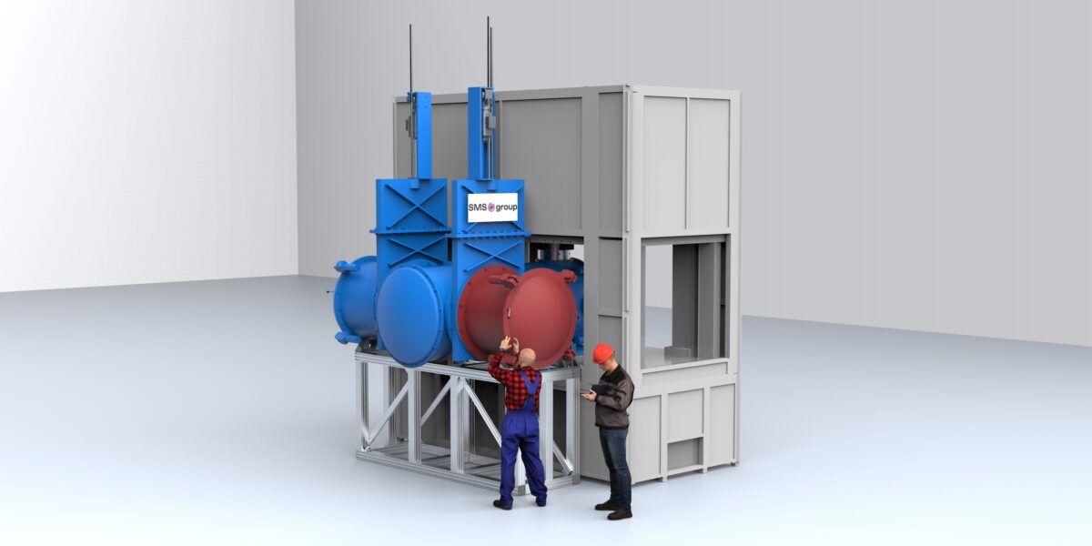 3D-Visualisierung des in die Presse integrierten Isothermschmiede-Moduls. Grafik: SMS group GmbH