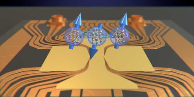 Mit drei Atomwolken, deren Spins (blau) über eine Entfernung miteinander verschränkt sind, können die Forscher die räumliche Variation eines elektromagnetischen Feldes messen.
