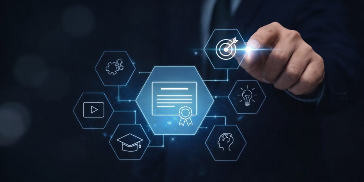 Geschäftsmann berührt leuchtende Hexagon-Icons mit Symbolen für Ziel, Zertifikat, Bildung und Innovation, die digitale Strategie, Management und intelligente Geschäftstechnologie darstellen