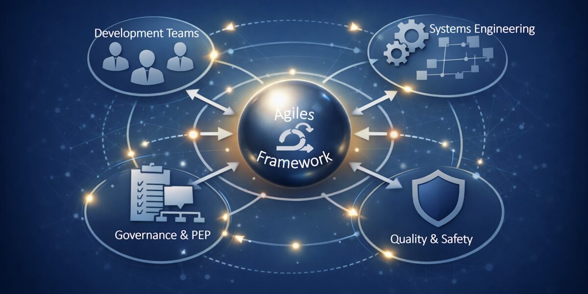 Das „agile Framework“ kann seinen Nutzen vollständig entfalten, wenn es für die Produktentwicklung im regulatorischen Umfeld passend erweitert wurde. Grafik: CO-Improve 