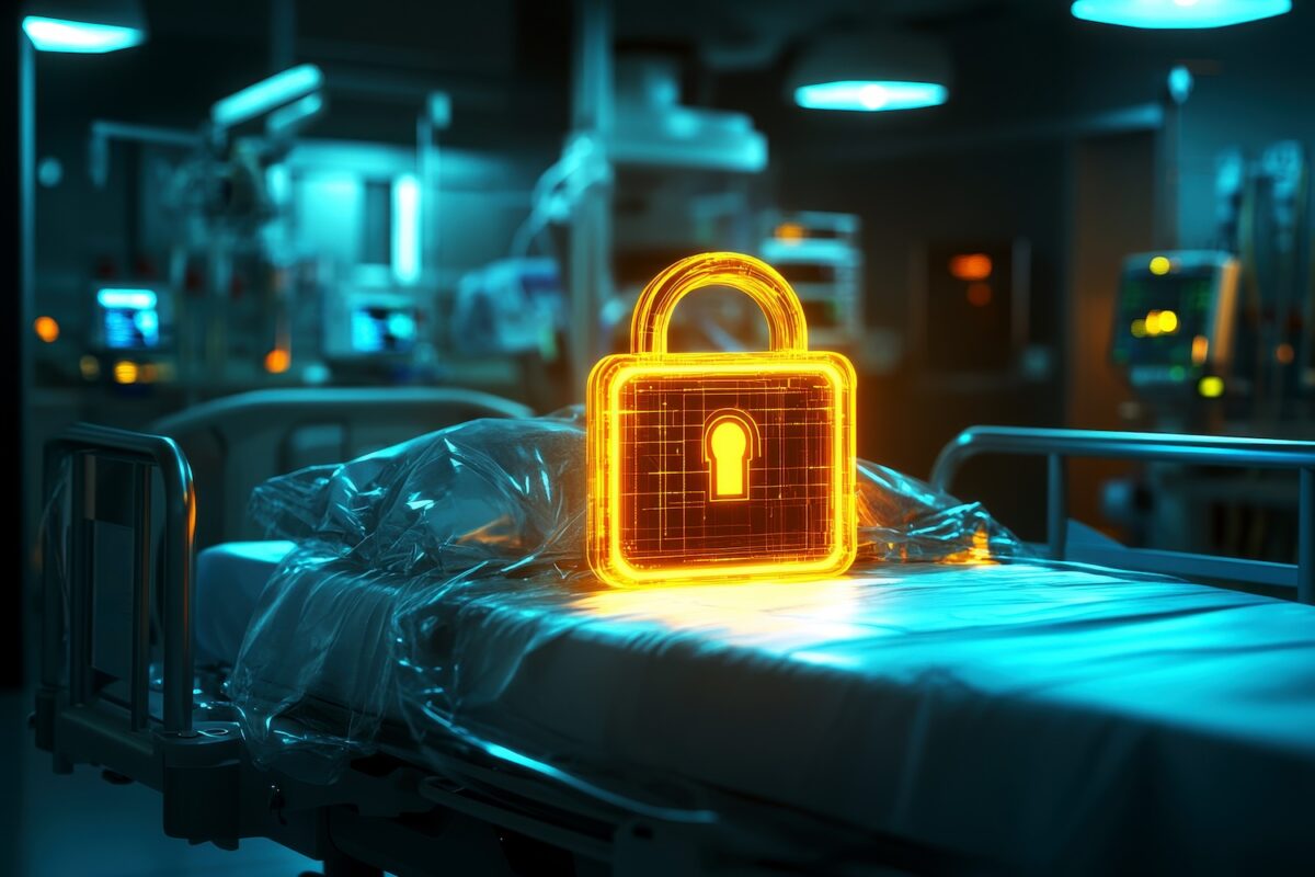 Krankenhausbett, dass durch ein virtuelles Schloss nicht benutzbar ist.