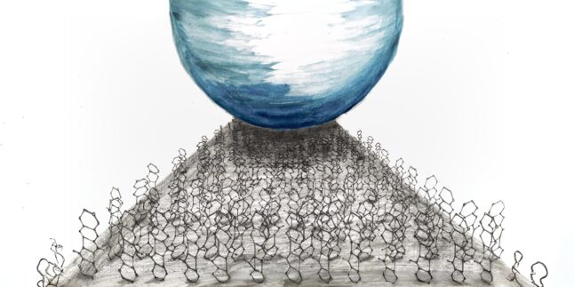 Handgezeichnete Skizze von organischen Molekülen, die in einem Rasterkraftmikroskop mechanisch durch eine Nano-„Nadel“ (blau gezeichnet) zusammengedrückt werden