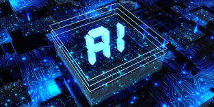 Leuchtend blaues, futuristisches Schaltkreis-Motiv mit einem zentralen Chip, auf dem groß „AI“ steht.