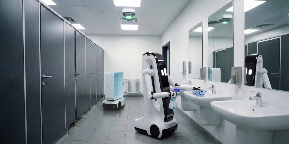 Der mobile Roboter Mipa wischt ein Waschbecken in einem Sanitärraum.