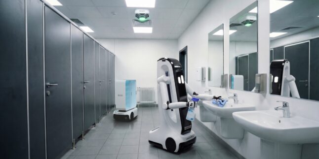 Der mobile Roboter Mipa wischt ein Waschbecken in einem Sanitärraum.