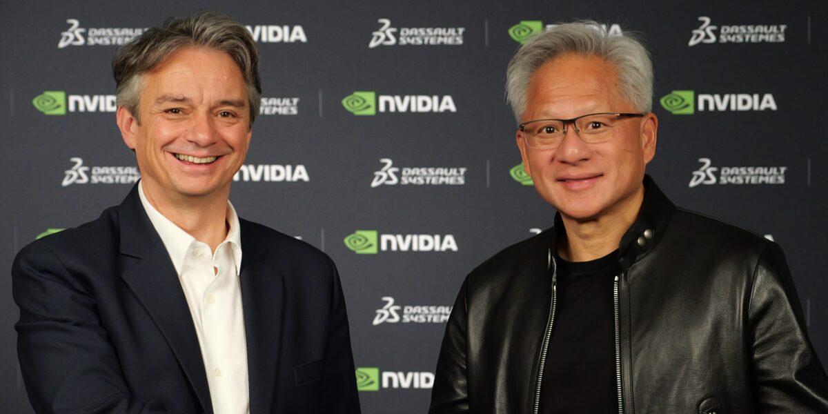 Pascal Daloz, CEO von Dassault Systèmes, und NVIDIA-Gründer Jensen Huang auf der 3DEXPERIENCE World.