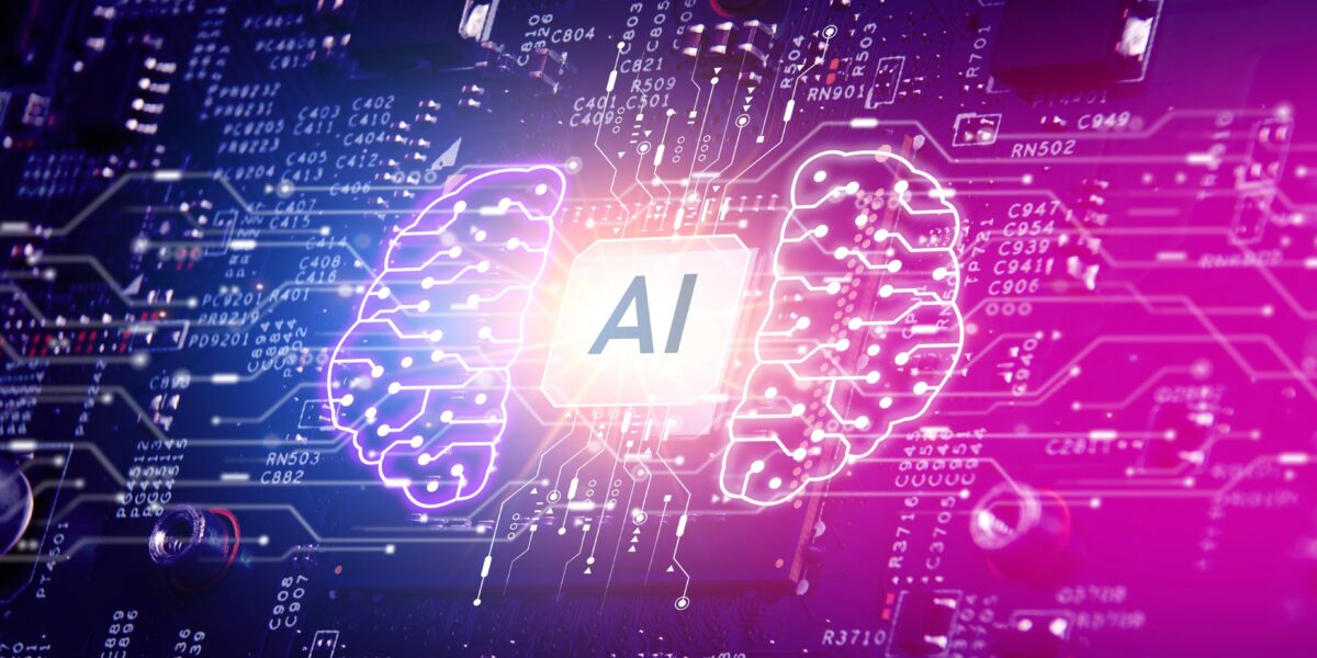 AI artificial intelligence concept, Close up of microprocessor with AI interface glowing on mainboard electronic computer background, Futuristic innovative technologies.