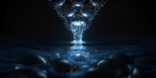 Künstlerische Darstellung des mikroskopischen Mechanismus der nahfeldoptischen Tunnel-Emission