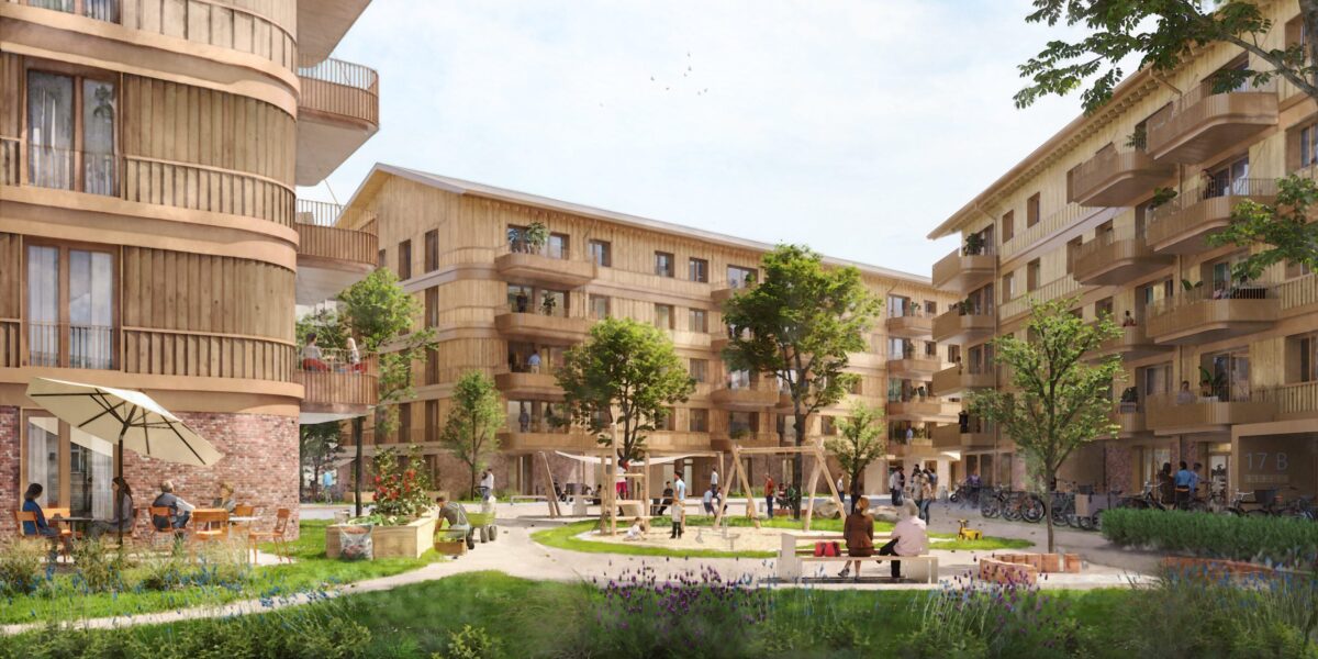 Visualisierung des Sustina-Quartiers in Essen-Kupferdreh: Drei Holzbaukörper mit gemeinschaftlichem Innenhof und zirkulärem Energiekonzept. 