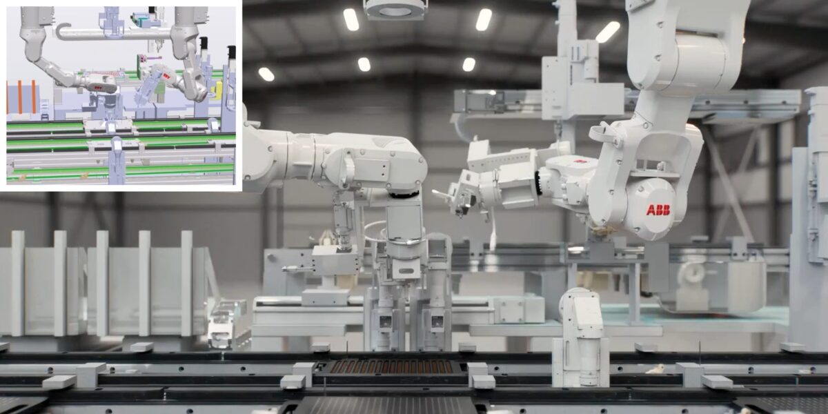 Das bild zeigt den vergleich zwischen der bisherigen Robotersimulation mit ABB-Software zu der neuen fotorealistischen Simulation