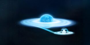 Künstlerische Darstellung des Massivsterns Gamma Cas und seines kleinen, aber dichten Begleiters, eines Weißen Zwergs