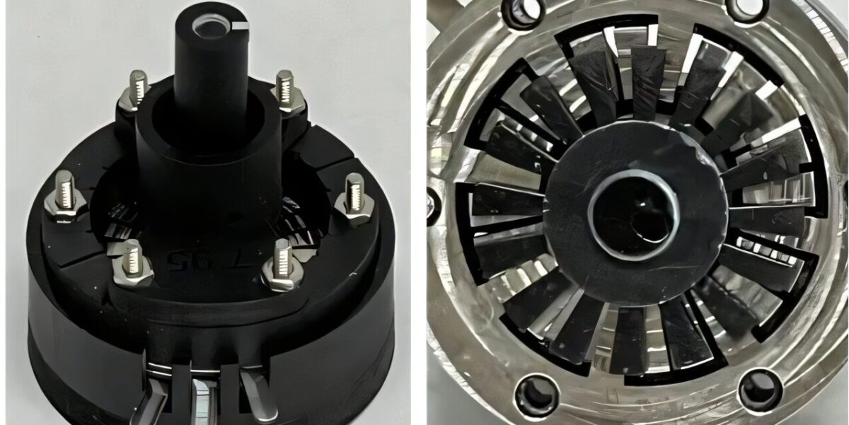 Der Prototyp-Motor des Institute of Science Tokyo. Links die Gesamtansicht des ferroelektrischen Motors, rechts der Blick von unten auf den Rotor. Er besteht komplett aus Kunstharz, ohne Metall und ohne Magnete.