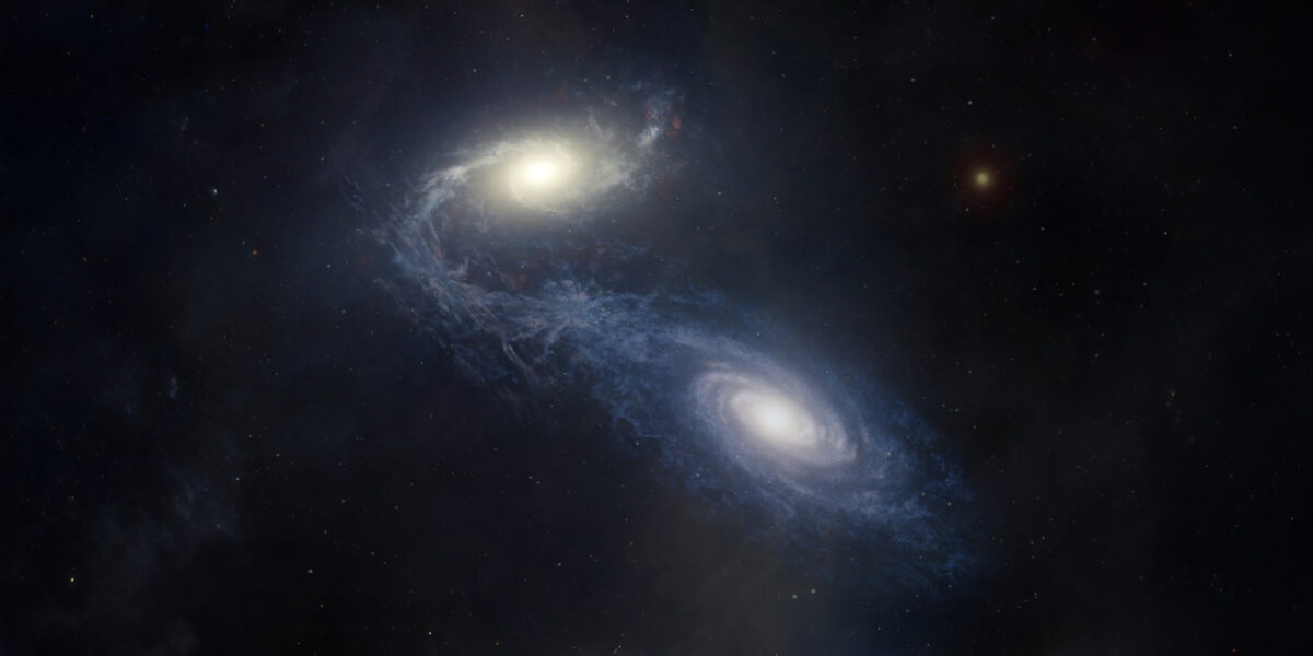 Eine künstlerische Darstellung zeigt die riesige Spiralgalaxie NGC 1365 bei der Kollision und Verschmelzung mit einer kleineren Begleitgalaxie