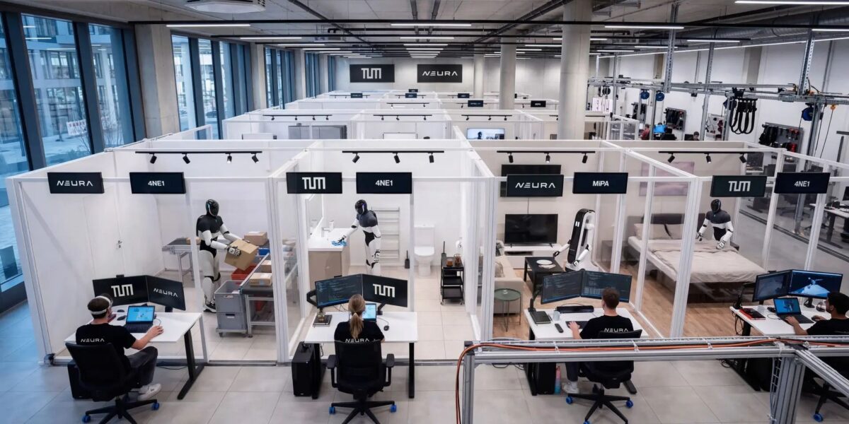 Mit dem TUM RoboGym entsteht ein weltweit einzigartiges Forschungs- und Trainingszentrum für Robotik. Hunderte Robotersysteme sollen künftig mit KI-Unterstützung trainiert und weiterentwickelt werden können. Grafik: Neura Robotics