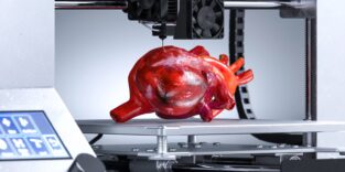 Dreidrucker druckt realistisches Herz für Transplantation. Futuristische Technologien. 3D-Rendering. Lizenzfreies Bild von Dreidrucker druckt realistisches Herz für Transplantation.