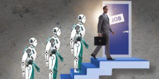 Humanoider Roboter läuft dir Treppe hoch