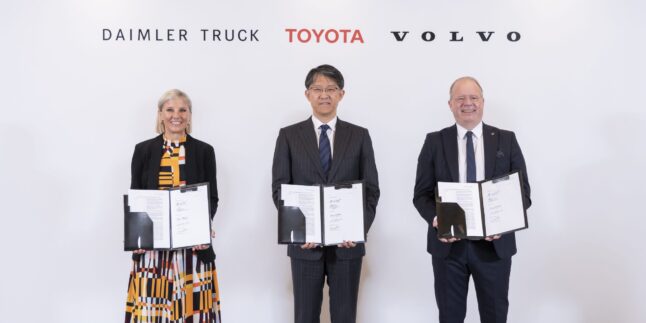 Karin Rådström, President & CEO Daimler Truck; Koji Sato, President Toyota Motor Corporation; Martin Lundstedt, President & CEO Volvo Group.