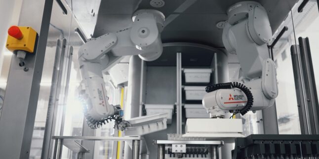 Blick in eine Produktionszelle mit zwei Roboterarmen.