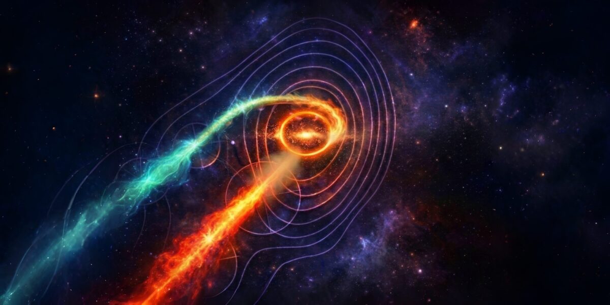 Die künstlerische Darstellung zeigt das Zentrum der Galaxie Markarian 501, aus dem zwei mächtige Jets ausströmen