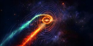 Die künstlerische Darstellung zeigt das Zentrum der Galaxie Markarian 501, aus dem zwei mächtige Jets ausströmen