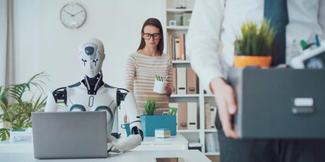 Roboter sitzt am Laptop