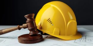 Richterhammer neben Bauarbeiterhelm