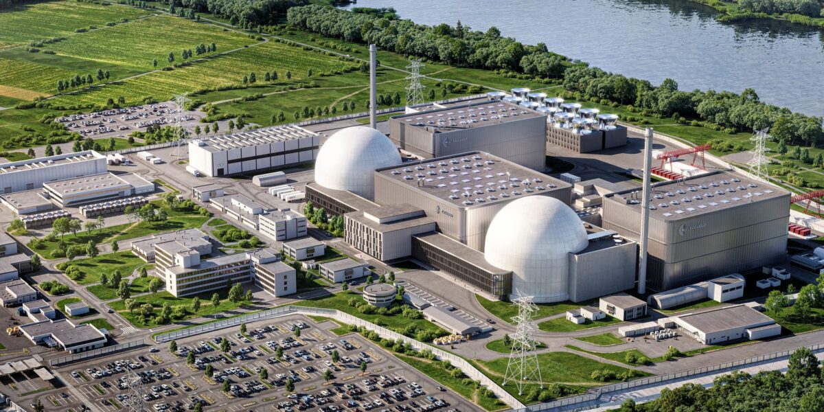 Rendering des weltweit ersten Laserfusionskraftwerks auf dem RWE-Gelände in Biblis.