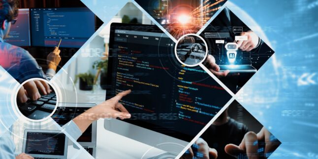 Man sieht Rautenförmige Ausschnitte mit informationstechnischen Systemen, wie Laptops, Tastaturen und Programmiercodes.