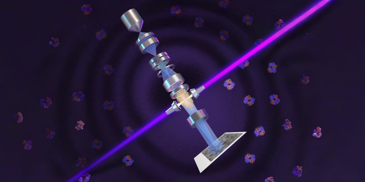 Ein Laser (violett) wird durch hochglanzpolierte Spiegel stark verstärkt und auf den Elektronenstrahl (blau) gebündelt