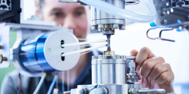 Forscher untersucht eine eingespannte Werkstoffprobe in einer Prüfmaschine am Fraunhofer IWM