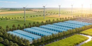 Batteriecontainer vor Windpark