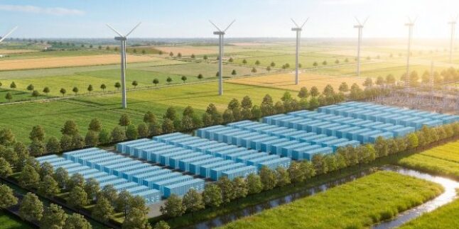 Batteriecontainer vor Windpark