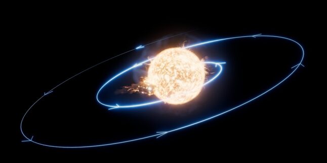 Eine künstlerische Darstellung eines Sterns, der einen Planeten verschlingt