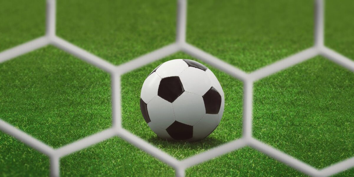 Ein Fußball liegt auf grünem Rasen, davor sieht man das weiße Netz des Fußballtors.