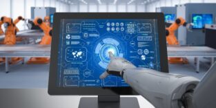 Humanoider Roboter zeigt auf Bildschirm