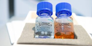 Zwei Fläschchen mit blauem Deckel und Flüssigkeiten